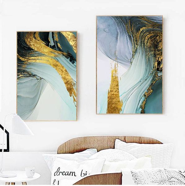 

paintings modern abstract green gold foil canvas art fashion blue and print wall picture for living room stylish cuadro decorativo