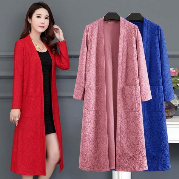 

women's trench coats autumn jacket spring fashion long cardigan lace dignified atmosphere large size xl-5xl windbreaker, Tan;black