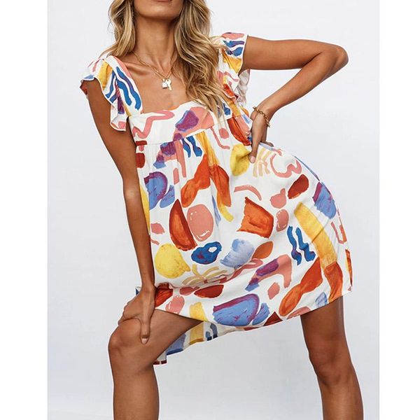 

casual dresses summer dress women square collar print sleeveless woman female mini straight for 2021 robe femme, Black;gray