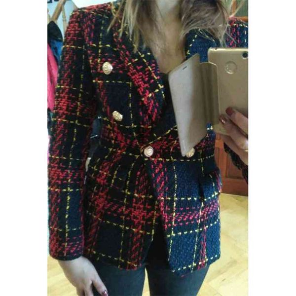 High Street Moda Runway Designer Blazer Mulher Leão Metal Botões de Manta Cores Tweed Wool Jacket Tamanho S-XXL 210521