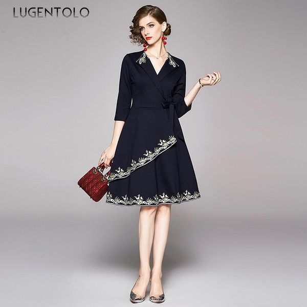 

lugentolo elegant dress women spring dresses temperament solid v-neck embroidery slim ladies dinner casual, Black;gray
