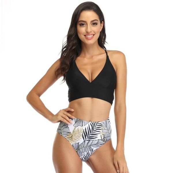 

women's swimwear high waist bikini set 2021 swimsuit women 2 pieces leopard push up tie dye leaves print solid cross strap, White;black