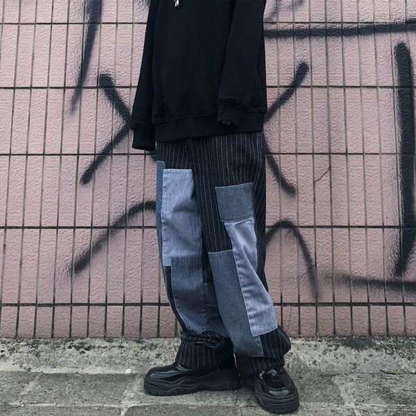 

men's jeans men vintage patch stripe wide leg straight trousers male streetwear hip hop casual denim beggar pants1, Blue
