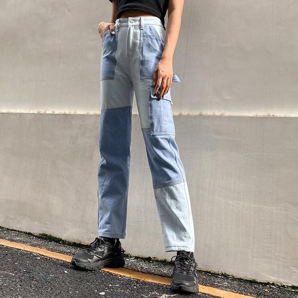 

blue straight jeans women spring 2021 fashion pockets patchwork high waist woman casual loose denim pants pantalones mujer women's