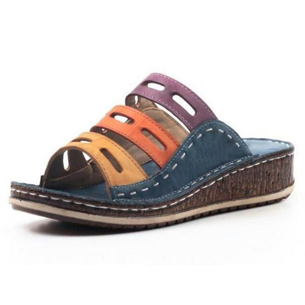 

sandals woman summer color stitching flat soft pu leather thick bottom shoes, Black