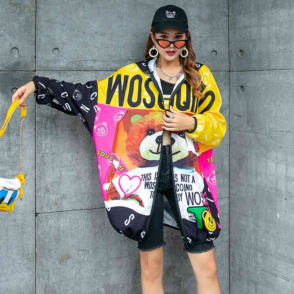 

jackets europe station autumn cartoon print age-reducing trendy brand large size loose hooded jacket, Black;brown