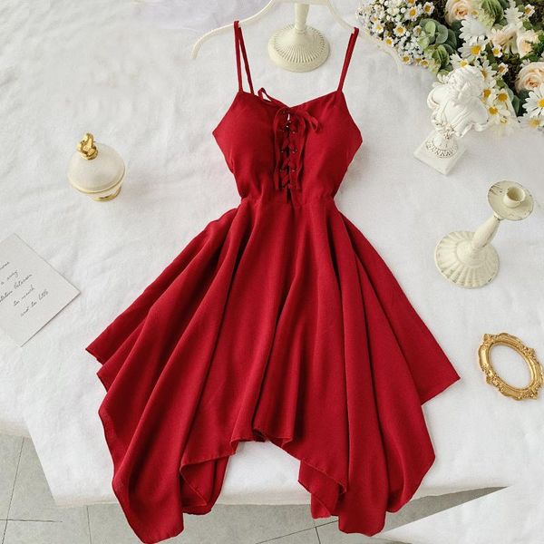

casual dresses summer 2021 women irregular hem beach party mini dress vestidos sleeveless high waist drawstring red/green strap, Black;gray