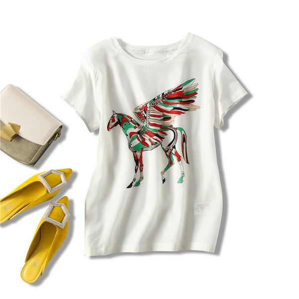 

women's t-shirt advanced technology of tianma printing cotton silk joining together round collar short sleeve t shirt, White