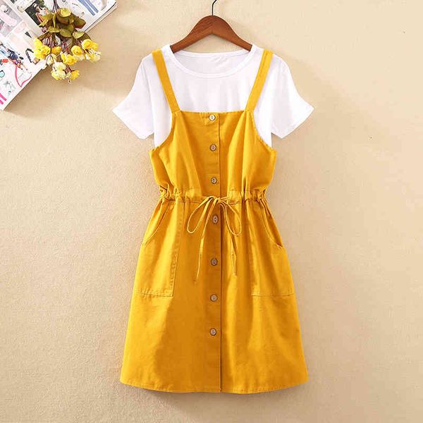 

two piece dress novo conjunto 2 peÃ§as de camiseta feminina branca, manga curta, e folgada, bolsos grans, vestido alÃ§a jeans, plus size, con, White
