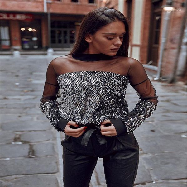 

women long sleeve sequin blouse loose o neck shirt lace see throng women's blouses & shirts, White
