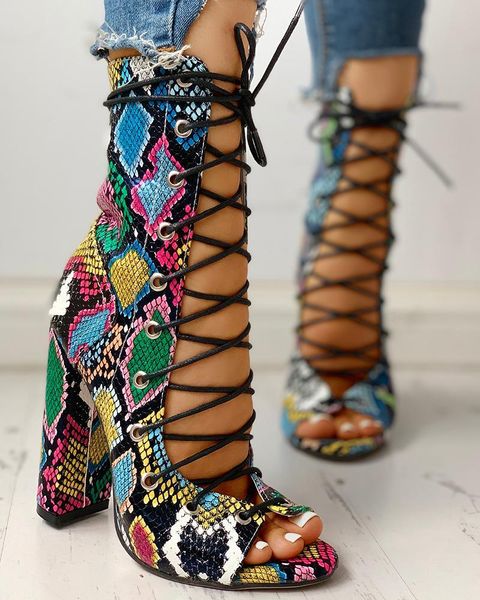

dress shoes lace-up peep toe chunky heeled sandals causal stylish bandage snakeskin boots, Black