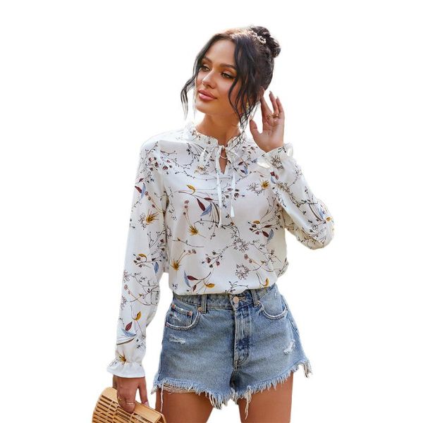 

women's blouses & shirts spring and autumn long-sleeved small floral print top, White
