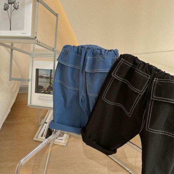 

trousers children's shorts 2021 summer simple elastic waist line solid color collision pocket boys' and girls' korean casual, Blue