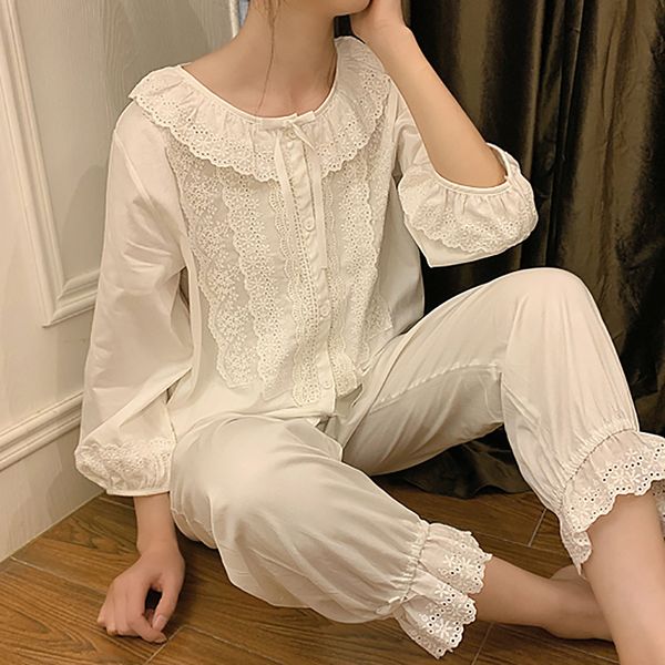 

Women Lolita Multilayer Lace Pajama Sets.Cotton Ruffles Tops+Long Pants.Vintage Lady Pyjamas Set.Victorian Sleepwear Loungewear, White