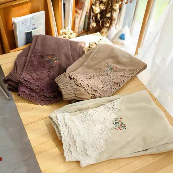

women's pants & capris retro lace embroidery corduroy female japanese literature and art haroun loose, Black;white