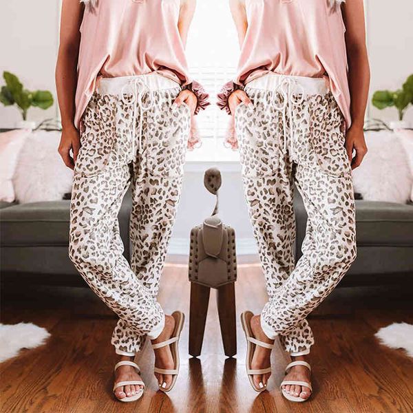 

capris vintage leopard print drawstring casual stretch mid waist long trousers winter women fashion pencil pants, Black;white