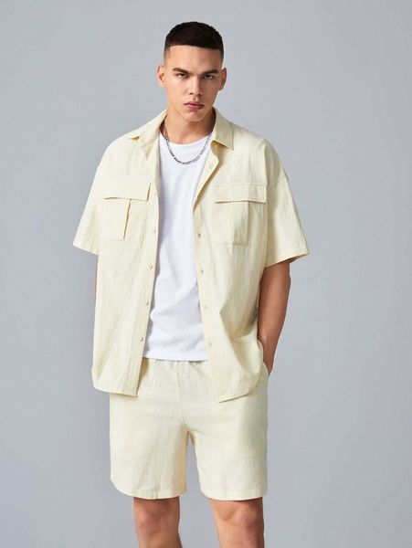 

men solid flap detail drop shoulder shirt & shorts set k8eh#, Gray