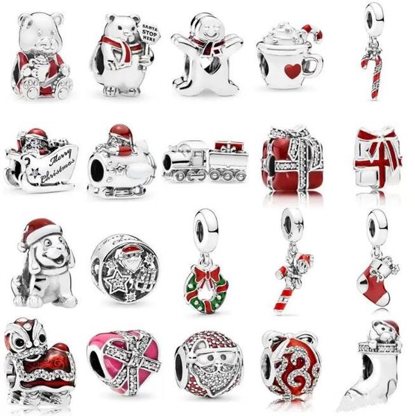

925 sterling silver multi style beaded strands santa claus charms christmas train charm cocoa & candy cane bead fit original bracelets diy j, Black