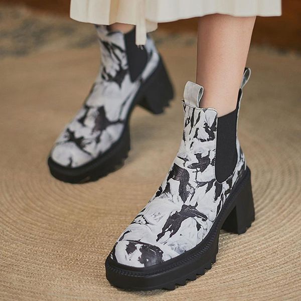 

boots brand female genuine leather cow rubber slip-on super high heel ankle platform autumn cool comfy woman shoes, Black