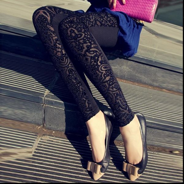

spring and autumn trousers slim womens legging black lace fashion leggins free