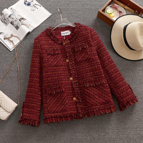 

women's jackets autumn winter tweed jacket women metal button elegant vintage fashion outwear female temperament celebrity ladies short, Black;brown