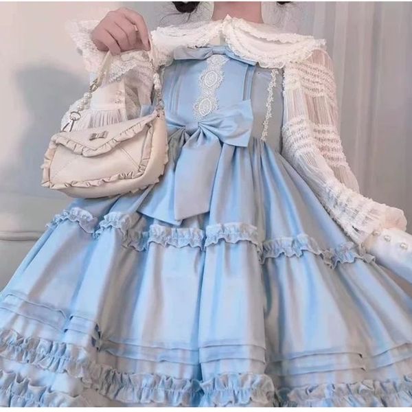 

casual dresses victorian sweet kawaii lolita cute vintage jsk sleeveless bow lace princess tea party summer women's dress 2021 suk, Black;gray