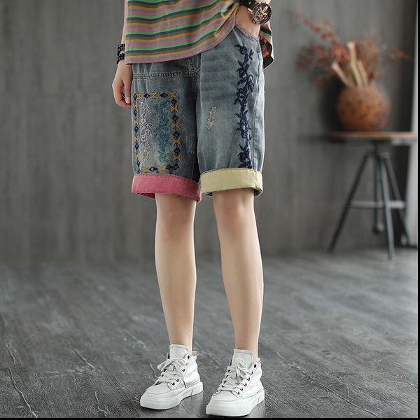 

summer fashion vintage embroidery womens short ripped contrast color patchwork half sleeve high waist denim casual female chic shorts, White;black