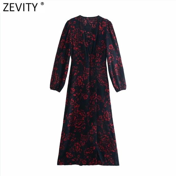 

zevity women elegant v neck flower print french style long dress office ladies side zipper casual slim party vestido ds4727 210419, Black;gray