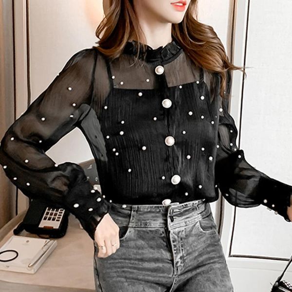 

korean 2021 office shirt fashion long sleeve women elegant female beading lady women's blouses & shirts, White