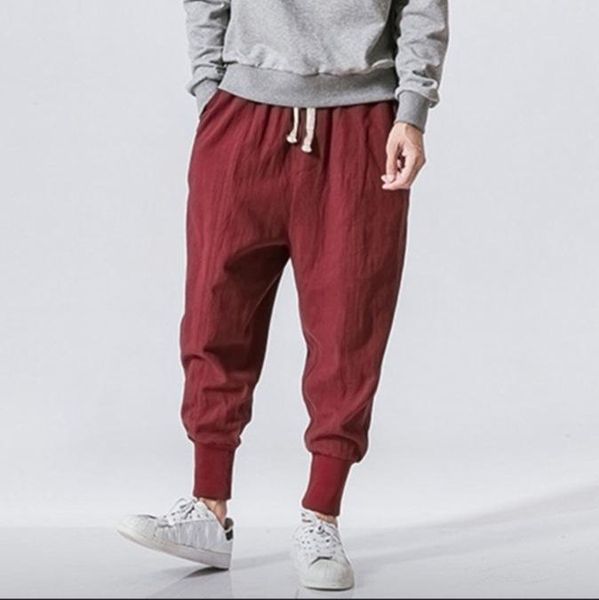 

men pants 2021 casual drawstring stylish solid color fashion jogger male cotton linen pantalon men's, Black
