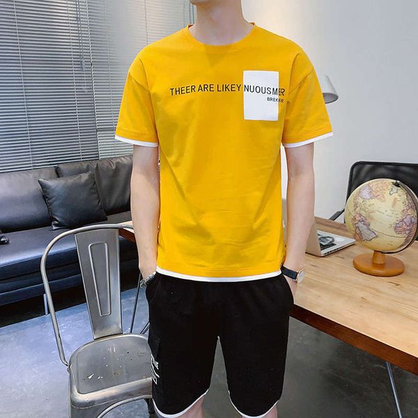 

men's tracksuits sleeve short t-shirt set korean fashion sports casual handsome with shorts summer wear, Gray