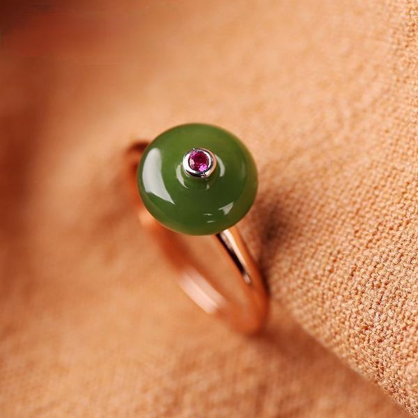 Rings de cluster Designer original Inclado a ouro rosa natural jade jade jade de abertura anel ajustável charme elegante jóias femininas