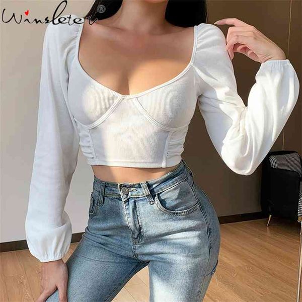 Weißes T-Shirt Mädchen Frauen Crop Tops Vintage Quadratischer Kragen Low Cut Stretchy Kurzes T-Shirt Laternenhülse Sexy Rückenfrei T0D306A 210421