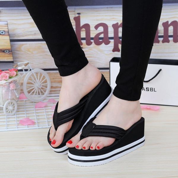 

slippers nice summer women word drag the bottom of high heels non slip foot beach home shoes sandals, Black