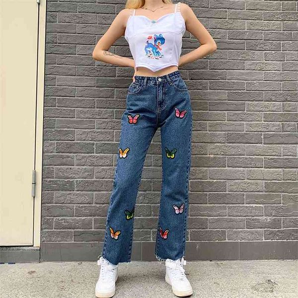 

butterfly embroidery blue woman jeans autumn full length tassel straight high waisted trousers denim y2k pants streetwear 210510, Black;white