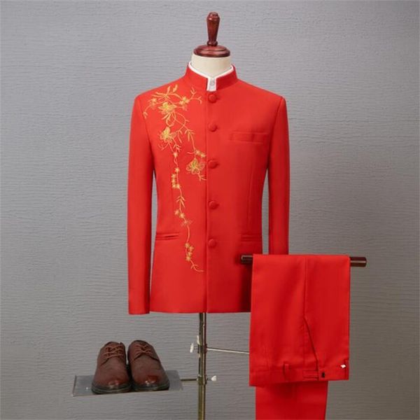 

men's suits & blazers embroidery chinese tunic men stage costume chorus performance singer host dress stand collar red black white, White;black