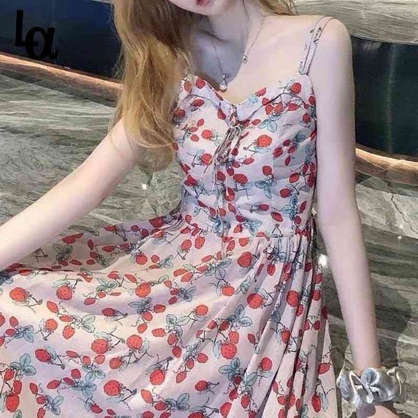 

sleeveless summer strawberry dress for women vintage casual clothes sundress korean woman fashion midi party 210519, Black;gray