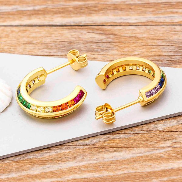 

2021 classic fashion boho colorful color hook stud earrings korean geometric copper cz stone jewelry women girls party gift, Golden