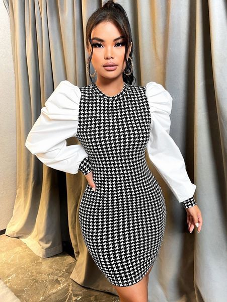 

houndstooth print gigot sleeve bodycon dress 64ay#, Black;gray