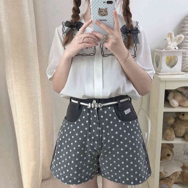 

summer vintage denim harajuku high waist polka dot wide leg jean shorts womens korean style sweet girls short jeans, White;black