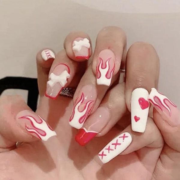 

false nails 24pcs fake with design flame print nail patch glue type removable long paragraph ballerina manicure square head, Red;gold