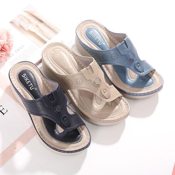 

summer women slippers thick sole flat platform shoes breathable flip flops female decoration round buckles beach plus size, Black