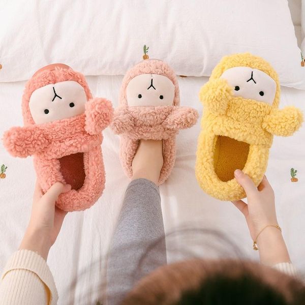 

women slippers cartoon animal sheep soft plush home cotton fur slides winter warm shoes woman men house floor slippe, Black