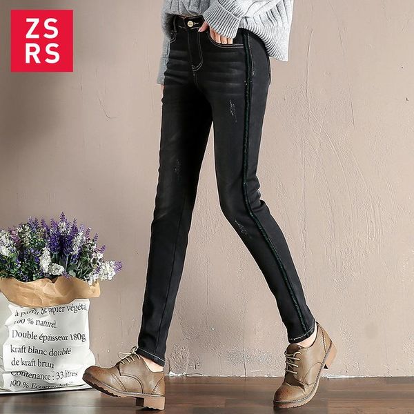 

zsrs 2021 winter plush jeans women blue thicken denim trousers female casual high waist pencil pants ladies 7169 women's