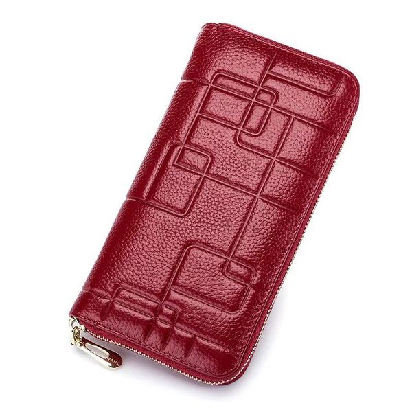

wallets women's genuine leather embossing long clutch zipper wallet large capacity female purse lady purses phone pocket card, Red;black
