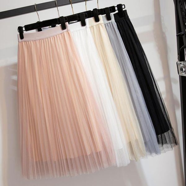 

tulle plain pleated black womens skirt beige white pink grey mesh midi high waist woman skirts 3 layers