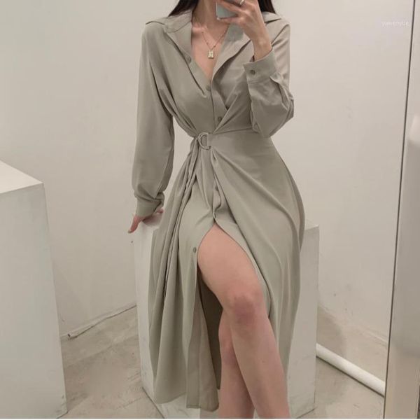 

casual dresses temperament elegant chic turn down collar lace up waist shirts dress women plus size one pieces vestidos de mujer ft994, Black;gray