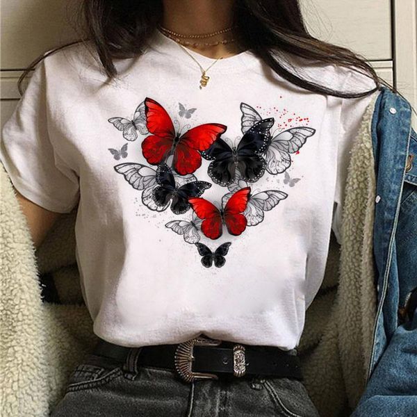 

women's t-shirt harajuku women t shirt red and black butterfly print tshirt heart female short sleeve tee fashion t-shirts, White