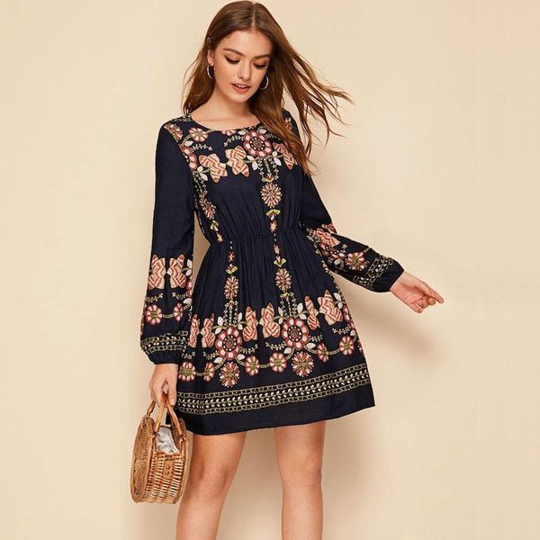 

fashion women lantern long sleeve floral dress casual loose evening party boho short beach vestidos mujer dresses, Black;gray