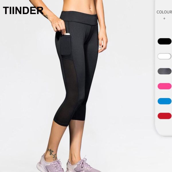 

women high waist yoga capris with pockets fitness workout sports running athletic leggings mesh 3/4 pants elastic quick dry outfit